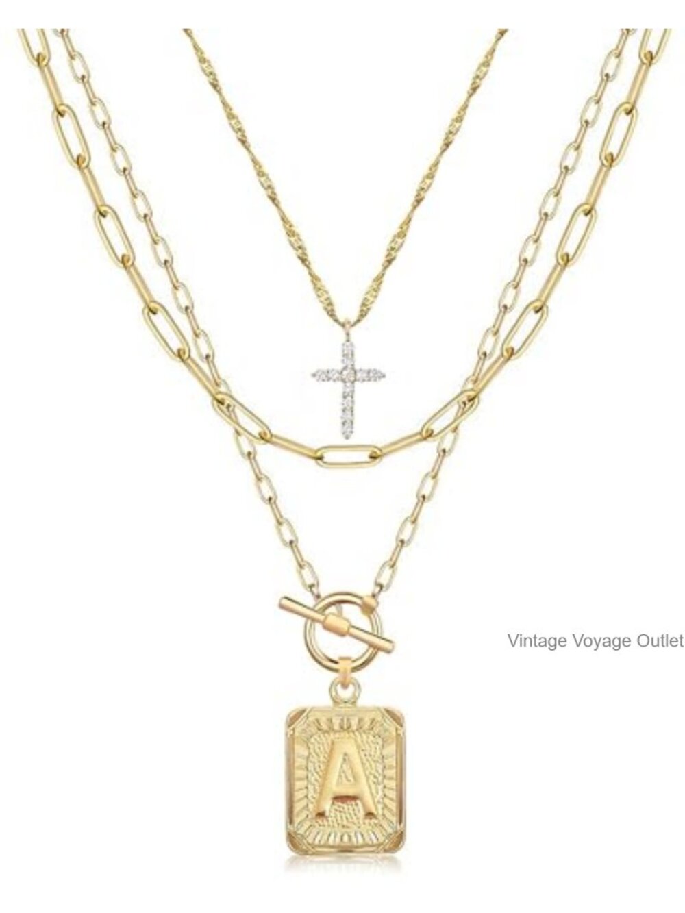 Layered Initial Necklace Set 14K Gold Plated Brass Paperclip Chain